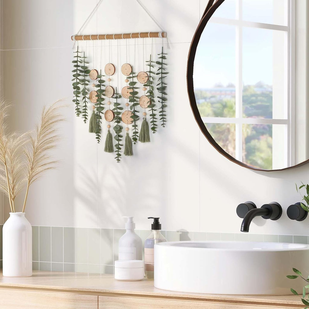 GIAUMA Artificial Eucalyptus Plant Wall Decor Fake Greenery Leaves Stems Wall Hanging Faux Plants on Wood Stick Green Boho Rustic Farmhouse Decor for Bathroom Bedroom Dining Room Indoor Home