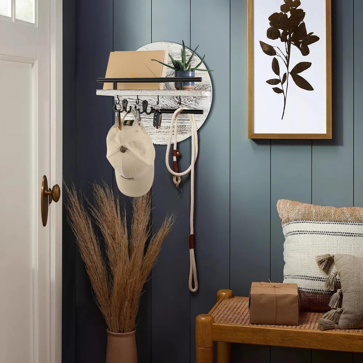 Gurfuy Key Holder for Wall with Shelf - Wood Mail Organizer and Rack with Shelf Hooks Wall Mounted for Entryway Decor Magazines Letter Storage Farmhouse Living Room Bedroom Doorway (White)