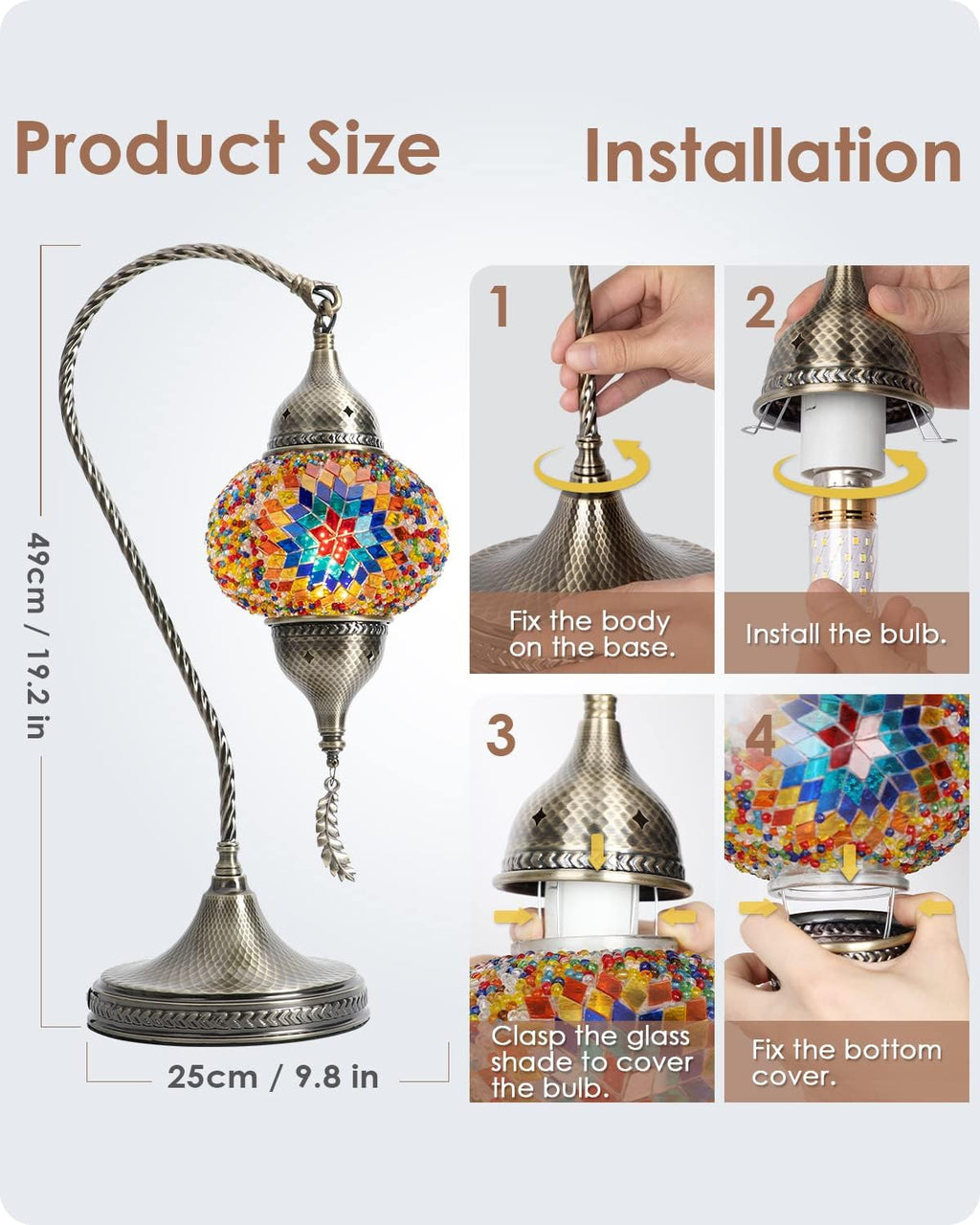 Yarra-Decor Turkish Moroccan Mosaic Table Lamp with Bronze Base - 3 Color Options Handmade Swan Neck Tiffany Mosaic Glass Bedside Lamps for Bedroom, 19" Color1(LED Bulb Included)