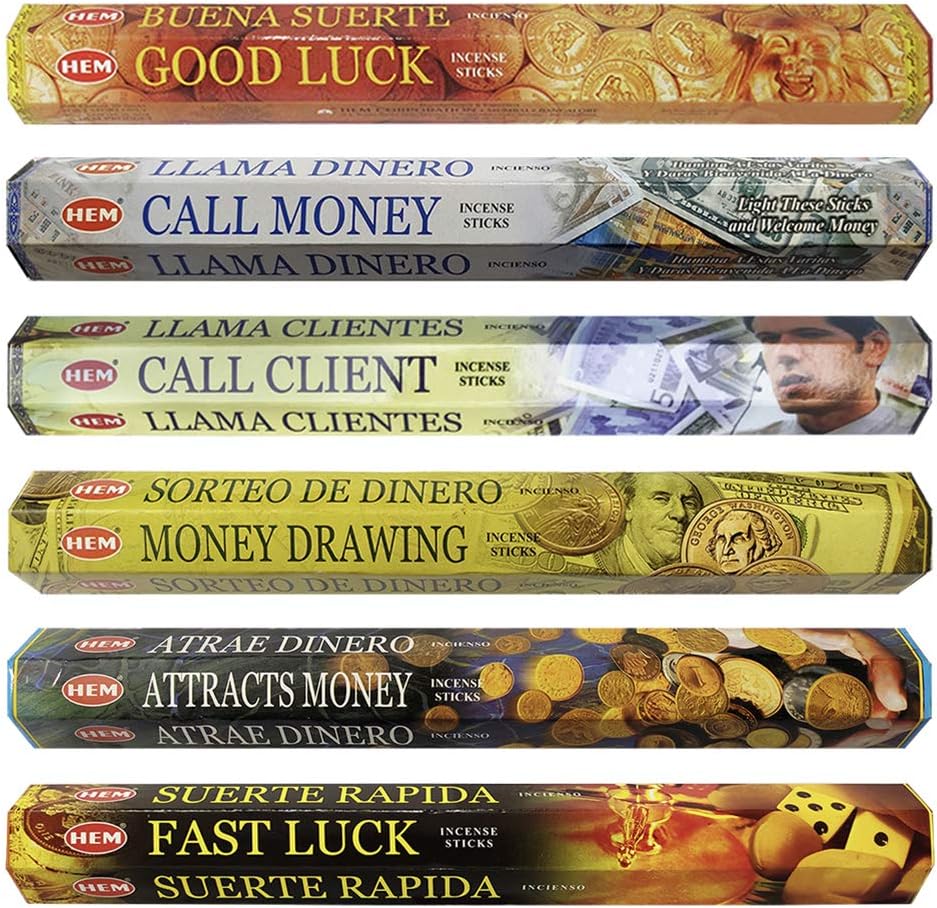 Hem Incense Sticks Variety Pack #3 and Incense Stick Holder Bundle with 6 Money Series Fragrances
