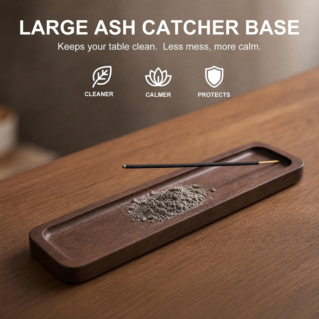 Handcrafted Walnut Wood Incense Holder, 3mm Hole Stick Burner with Large Ash Catcher, Minimalist Home Decor for Yoga Meditation, Ideal Aromatherapy Gift