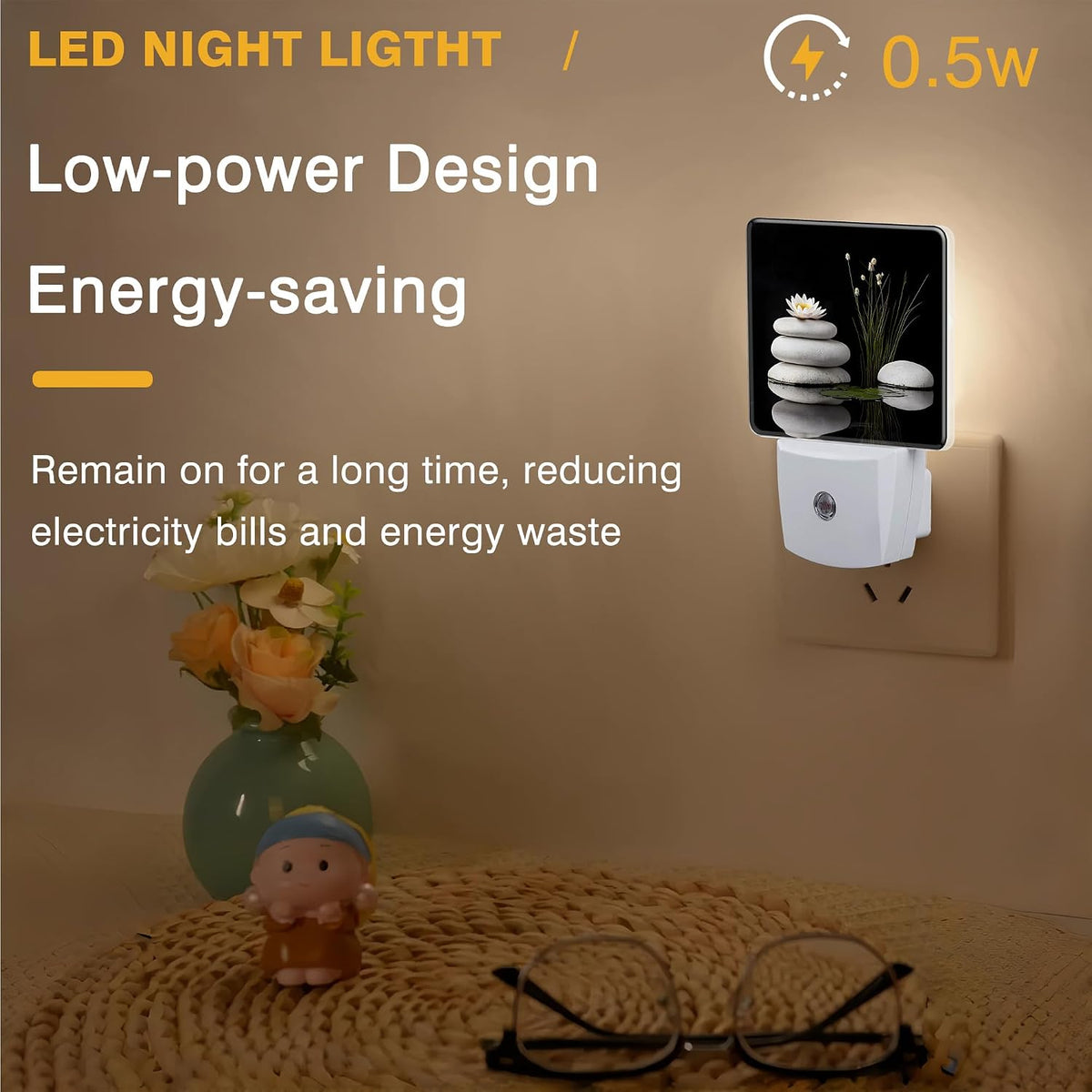Grey Stones and White Lotus Night Light, Plug-in Nightlight with Dusk to Dawn Auto Sensor for Home Bedroom Hallway Kitchen 0.5W Sleep Friendly Led Lamp for Women Men