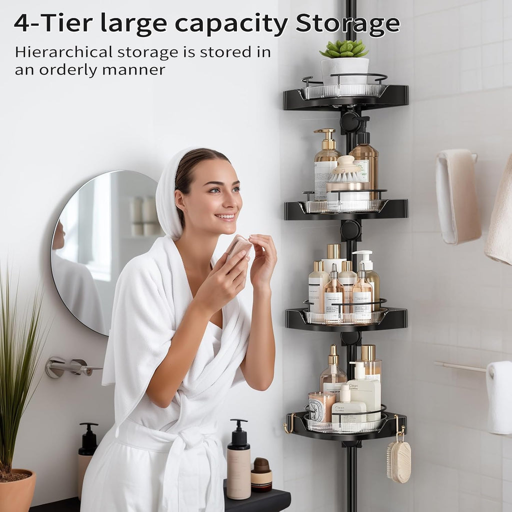 YCIA&DONE 360° Rotating Corner Shower Caddy Tension Pole, 4 Tiers Shower Organizer for Bathroom Shelf Bathtub, Adjustable Standing Shower Rack, Easily Assemble, 34-124 Inch Height, Black
