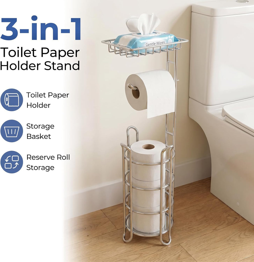 TreeLen Toilet Paper Holder Stand Toilet Tissue Roll Holder with Shelf for Bathroom Storage Holds Phone/ Wipe/ Mega Rolls-Shiny Chrome