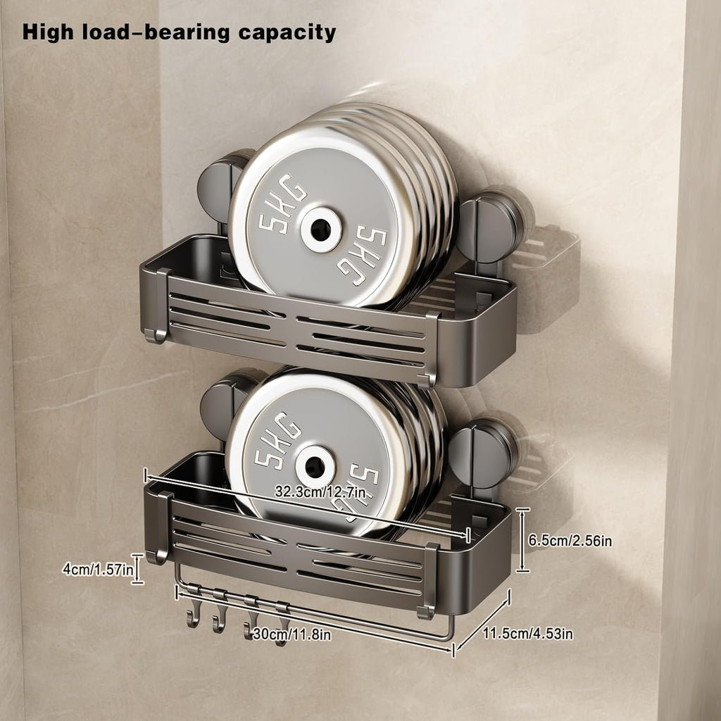 VOLPONE Shower Caddy Suction Shower Shelf No Drilling Shower Organizer Suction Cup Shower Storage Rack Aluminum Wall Mounted Shampoo Holder with Towel Bar Hooks (1-Pack, Matte Gray)