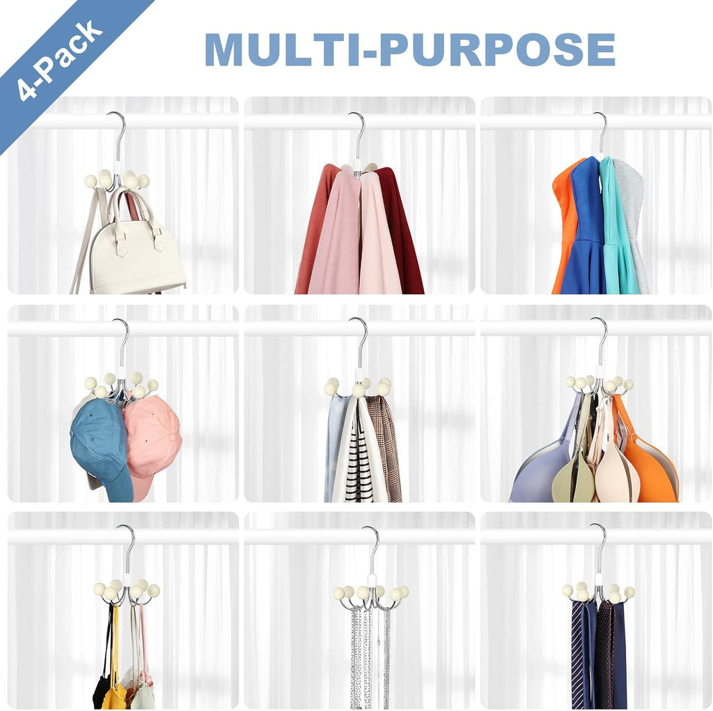 TOPIA HANGER Hoodie Hangers 4-Pack with 6 Wood Balls, 360°Swivel Purse Hanger, Scarf Hanger, Closet Hooks, Handbag Organizer, Bra Hanger, Accessory Organizers for Scarf, Tanktop, Hat, Hoodie CT57W