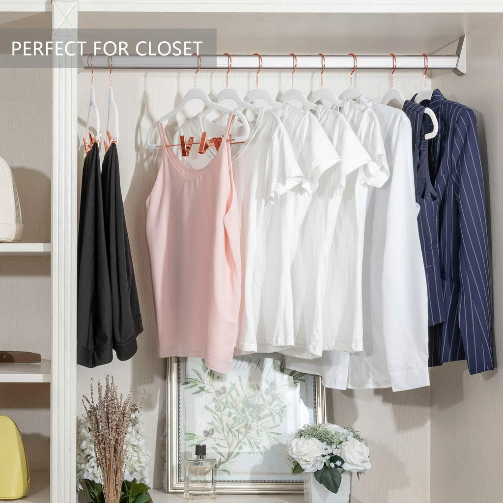 MIZGI Premium Velvet Pants Hangers with Clips (Pack of 20) Slim Skirt Hangers- Non Slip Felt Outfit Dress Hangers White - Copper/Rose Gold Hooks,Space Saving Shirt Clothes Hangers
