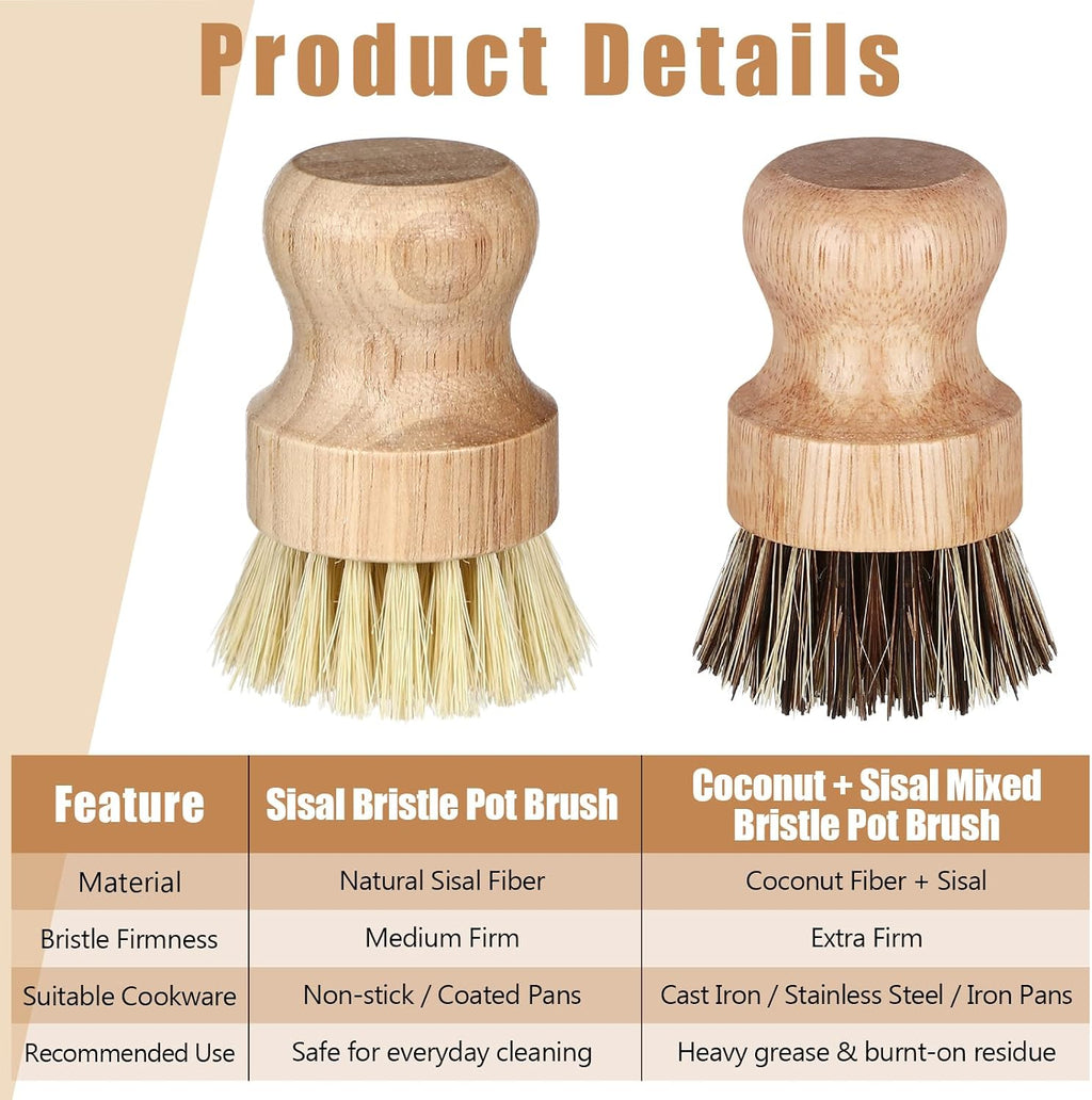 Nuenen 6 Packs Bamboo Dish Scrub Brush, Sisal and Coconut Palm