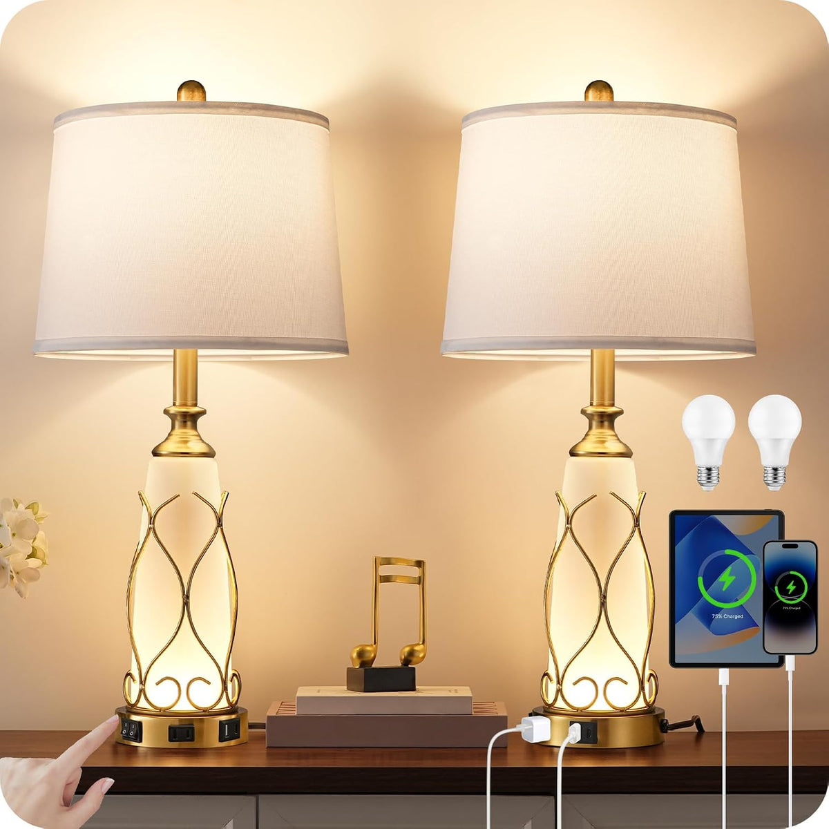 25.6" Glass Gold Table Lamps Set of 2, Tall Bedside Lamps with Nightlight, Modern Nightstand Lamp with USB Ports, Desk Lamp for Bedroom, Living Room, Office, LED Bulbs Included W02TL05