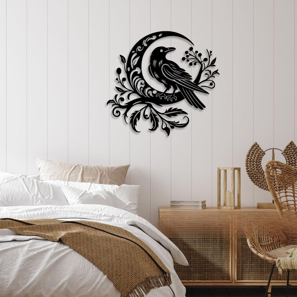 LIYOUYA Crow Moon Flower Metal Wall Decor - Nordic Gothic Style Room Decor Black Wall Art Home Decor for Living Room, Bathroom, Bedroom, Dining Room (Black)