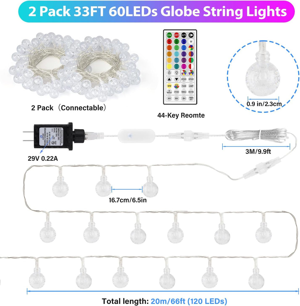 OMIKA Globe Outdoor String Lights Plug in, Connectable 66ft 120LED Crystal Ball Light Waterproof Remote, Warm White & Multicolor Twinkle Lights for Patio Umbrella Tent Garden Party Christmas Décor