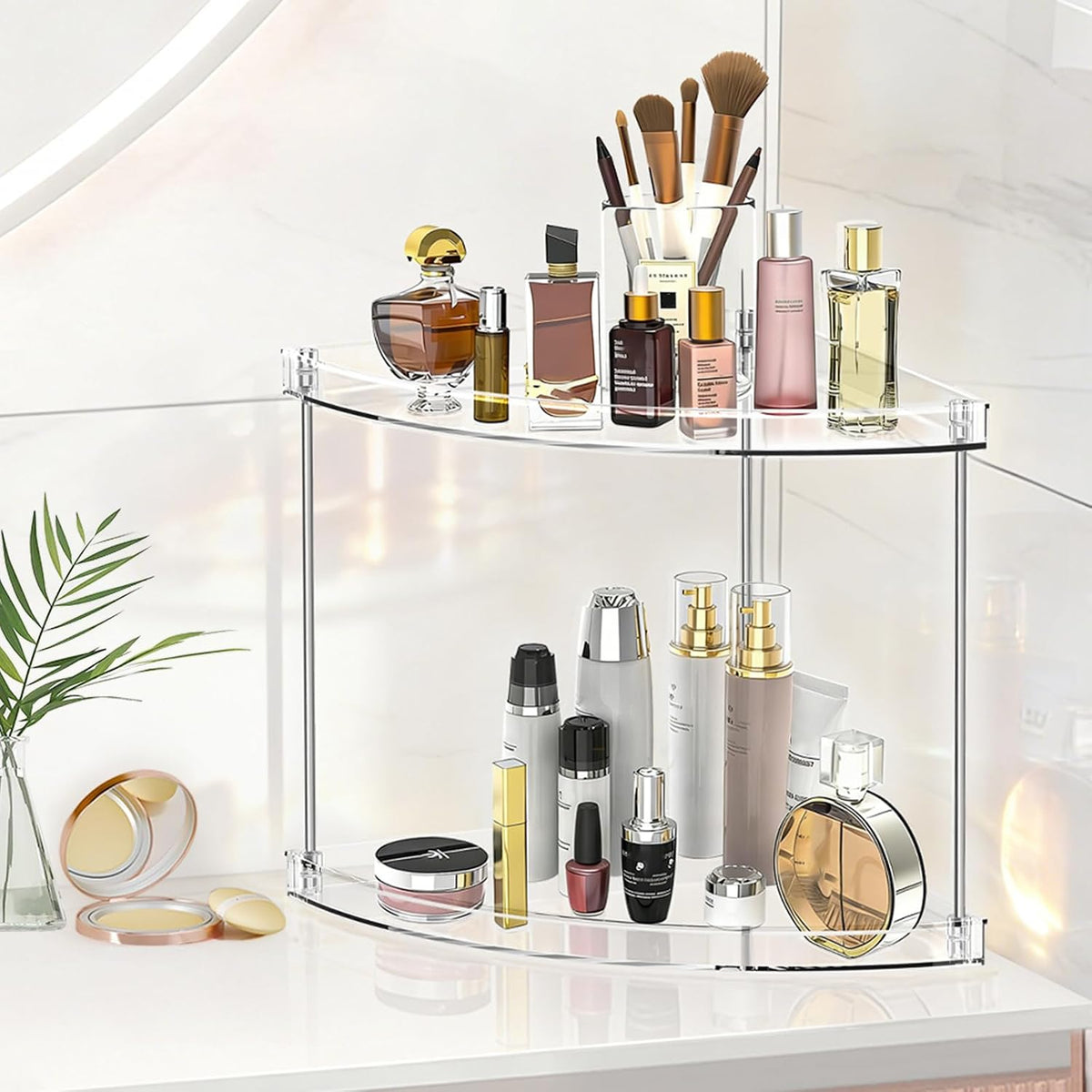 2 Tier Corner Bathroom Counter Organizer, Clear, Triangular