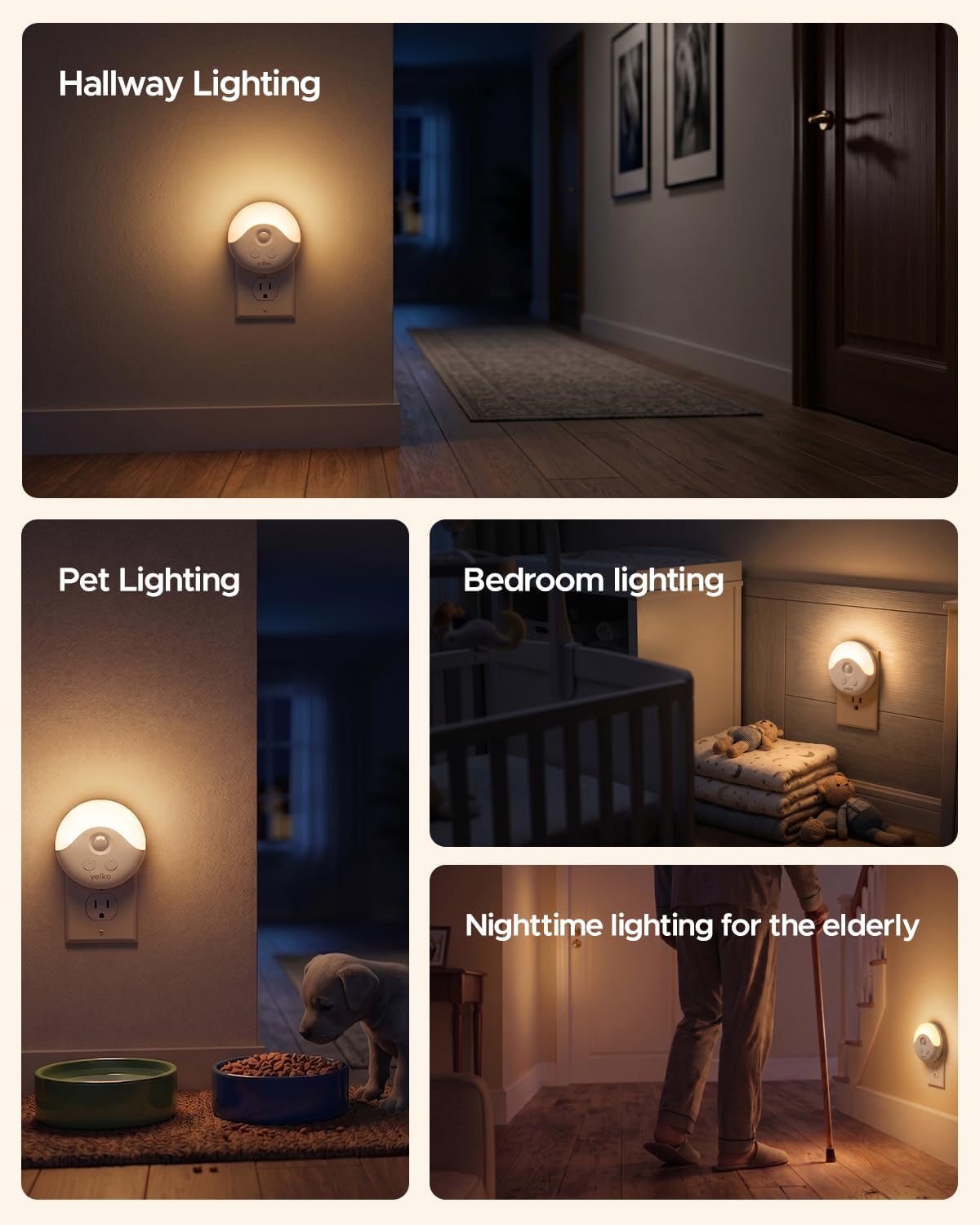 YELKO Plug-in Night Lights, Motion Activation & Dust to Dawn Sensor, 2Pack