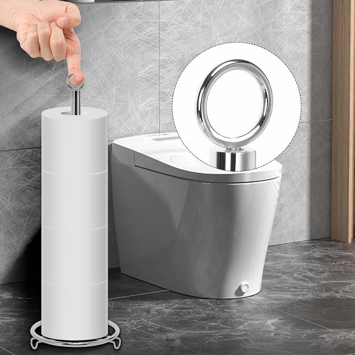 Bath Toilet Paper Holder, Toilet Tissue Roll Organizer Storage, Tissue Paper Holder Stand for Bathroom/Kitchen Countertop, Metal (21" H, Chrome)