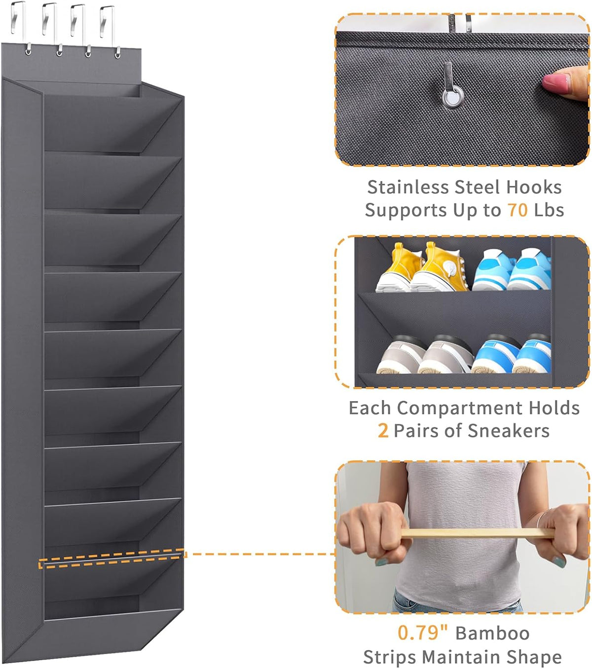 REGELETO Over-the-Door Shoe Organizer 10 Tier, Large Capacity Hanging Shoe Rack Holder for Closet Dorm Bedroom, Non-Woven Fabric with 4 Stainless Steel Hooks, Holds 20-30 Pairs Shoes （ Premium Gray）