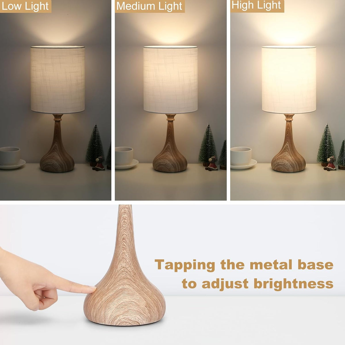 Dimmable Small Table Lamp, Bedside Lamps Touch Control for Bedrooms Nightstand with Wood Grain Base, Desk Lamp Night Light for Office Living Room, 9W 3000K LED Bulb Included