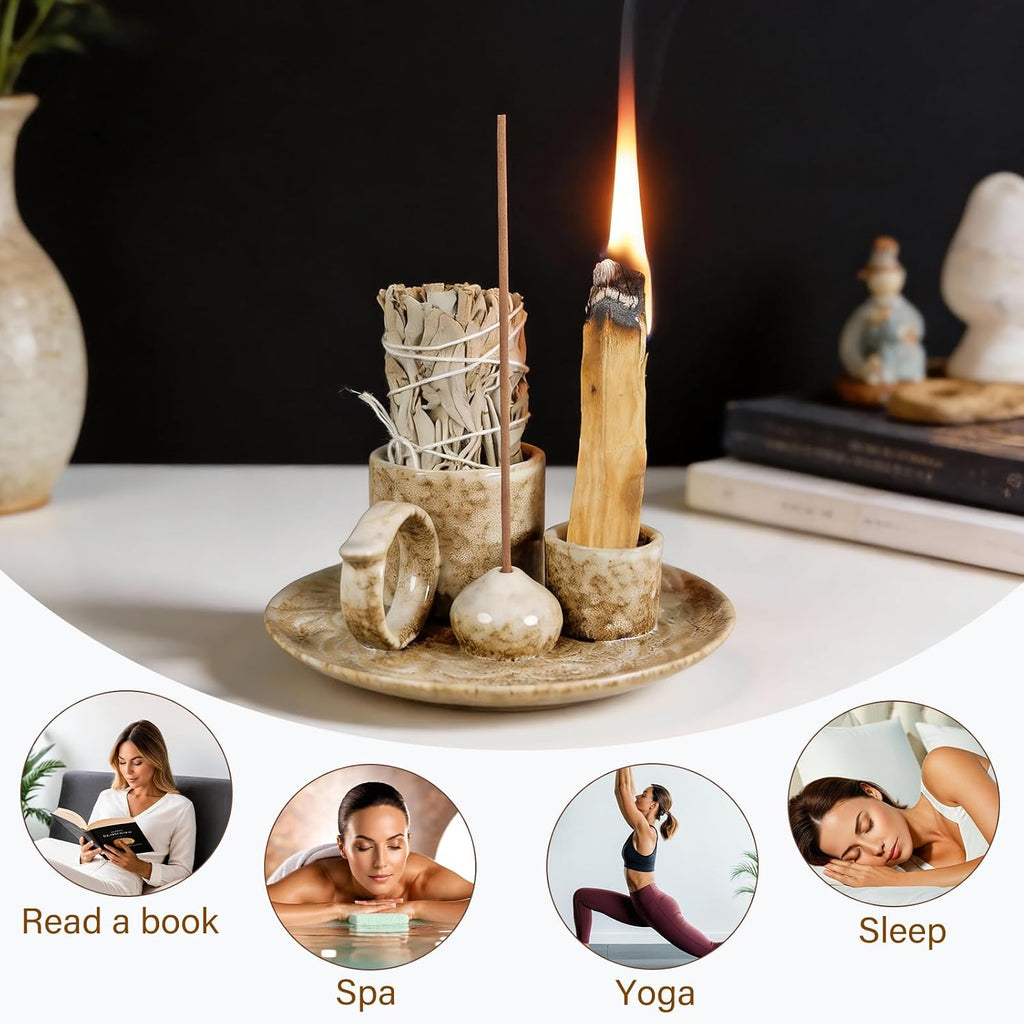 Tnstbiee 4.1 Inch 5-in1 Brown Ceramic Smudge Bowl,Versatile Incense Holder
