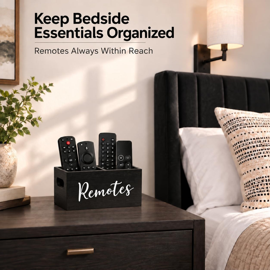 Wooden Remote Control Holder 2 Slots - Farmhouse TV Remote Caddy for Table, Nightstand, Couch - Solid Wood Organizer Box, Black
