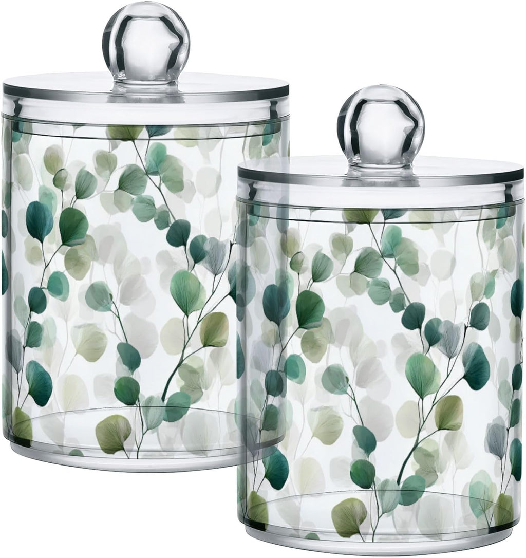 Gredecor Qtip Holder Dispenser 2 Pack Green Watercolor Floral Leaves Apothecary Jars with Lids Bathroom Vanity Countertop Canister Storage Organizer for Cotton Ball,Swabs,Pads,Floss