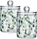 Gredecor Qtip Holder Dispenser 2 Pack Green Watercolor Floral Leaves Apothecary Jars with Lids Bathroom Vanity Countertop Canister Storage Organizer for Cotton Ball,Swabs,Pads,Floss