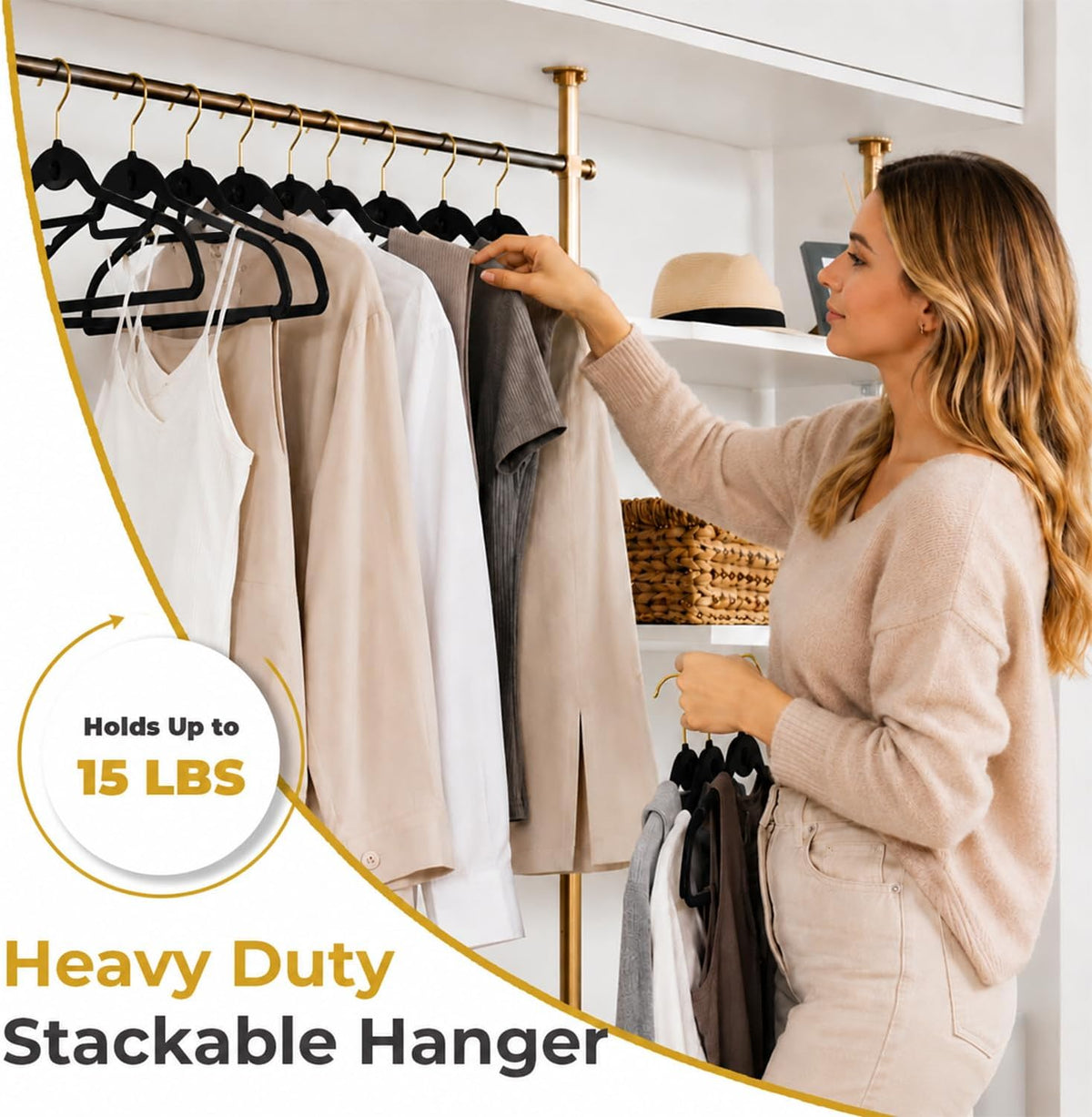 Black Velvet Hangers 50 Pack with Stackable Cascading Gloden Hook