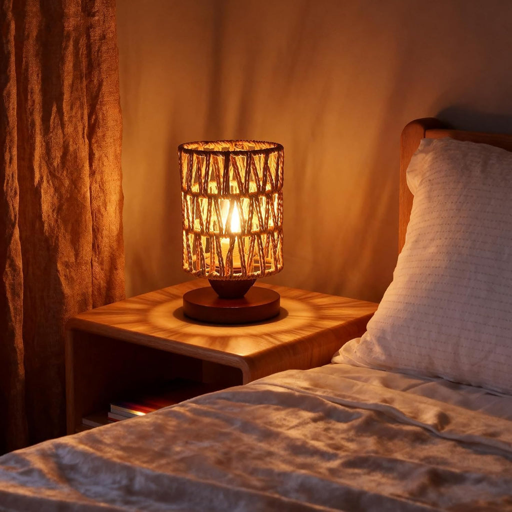 Handmade Rattan Lamp Farmhouse Table Lamp for Bedroom, Stepless Dimming Rustic Woven Lamps for Night Stands with Warm White LED Bulb, Boho-Inspired Boho Lamps for Living Room Kitchen Nook