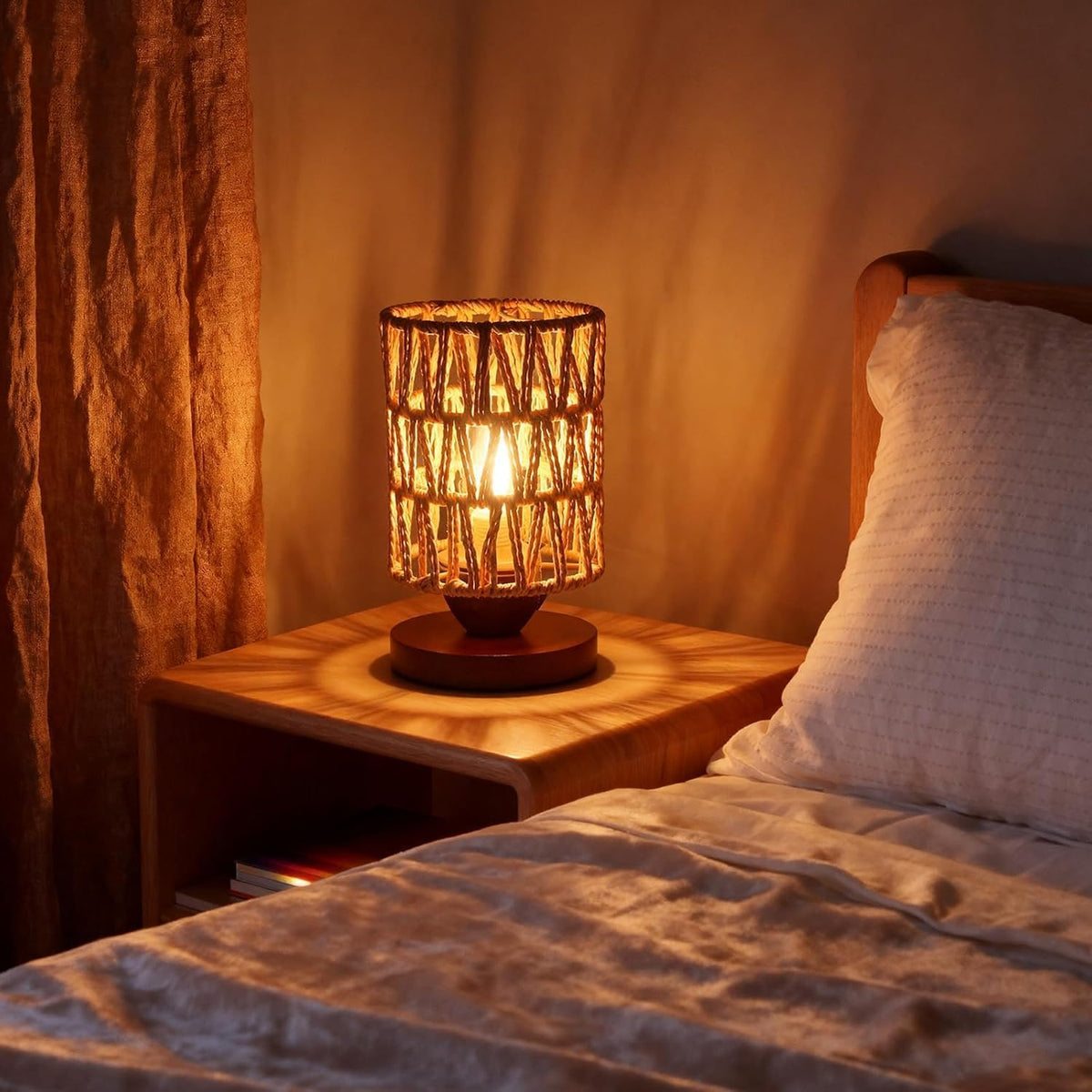 Handmade Rattan Lamp Farmhouse Table Lamp for Bedroom, Stepless Dimming Rustic Woven Lamps for Night Stands with Warm White LED Bulb, Boho-Inspired Boho Lamps for Living Room Kitchen Nook
