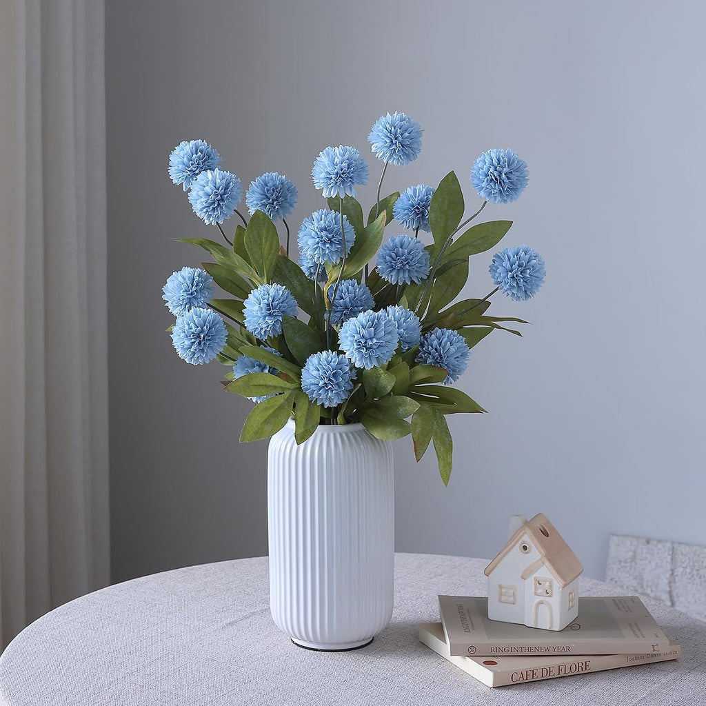 6 Pcs 27"Artificial Pompon Mum Silk Flower Stems for Vase (Dusty Blue)