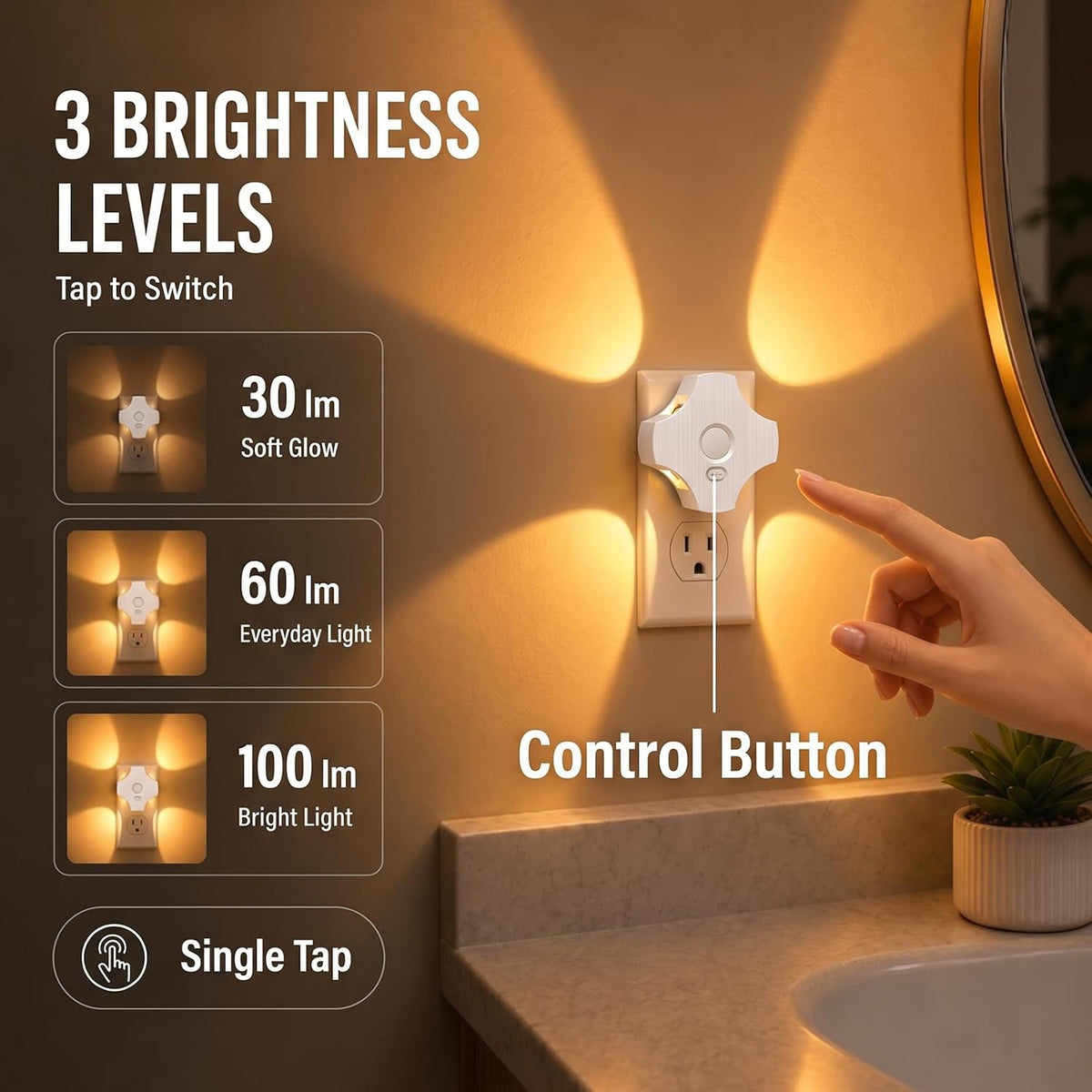 LED Motion Sensor Night Light Indoor, Night Lights Plug into Wall with Dusk to Dawn Sensor, 3000K Soft White, 30/60/100LM Adjustable Brightness, Dimmable Nightlight for Bathroom Hallway Kitchen