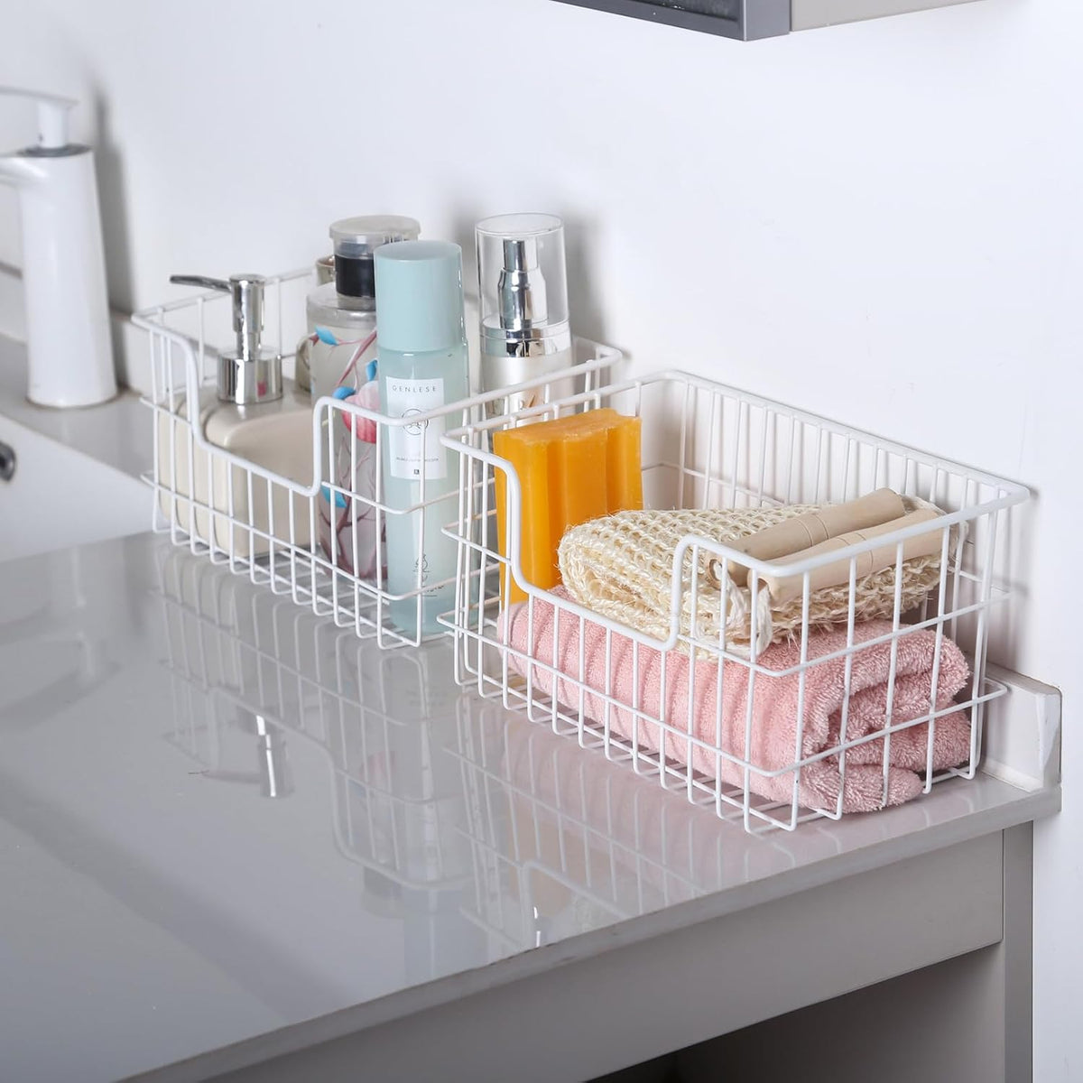 JUNCHU CHERRY Wire Storage Basket 2 Packs, Wall Mounted Kitchen Bathroom, Hanging Cabinet Door Storage Basket, no Drilling, Supporting 2 Types of Hooks, Strong Bearing, Suitable for Home, White