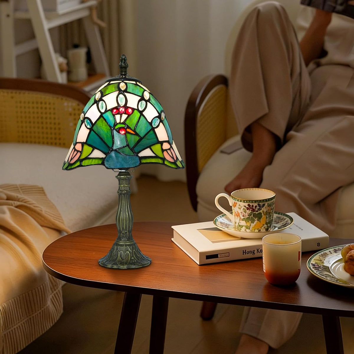 Small Tiffany Style Lamp,Green Peacock,3 Color Temperature,8 Inch