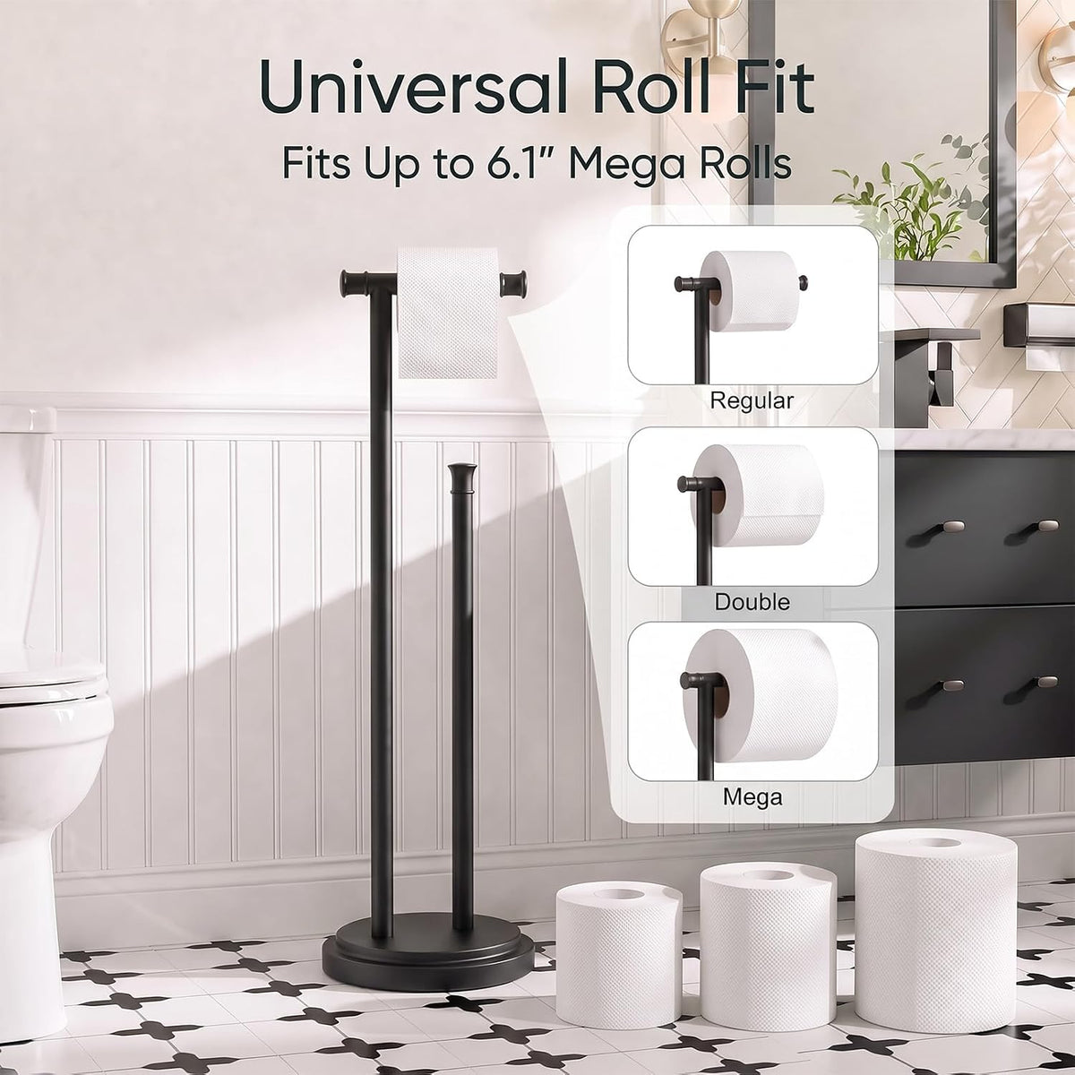 Hoimpro Toilet Paper Holder Stand Bathroom Free Standing Matte Black