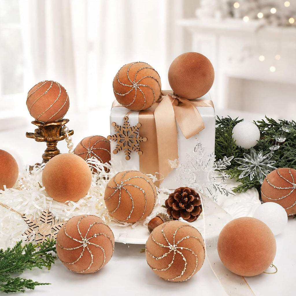 16 Pcs Brown Velvet Christmas Ball Ornaments, Flocked Tree Decorations