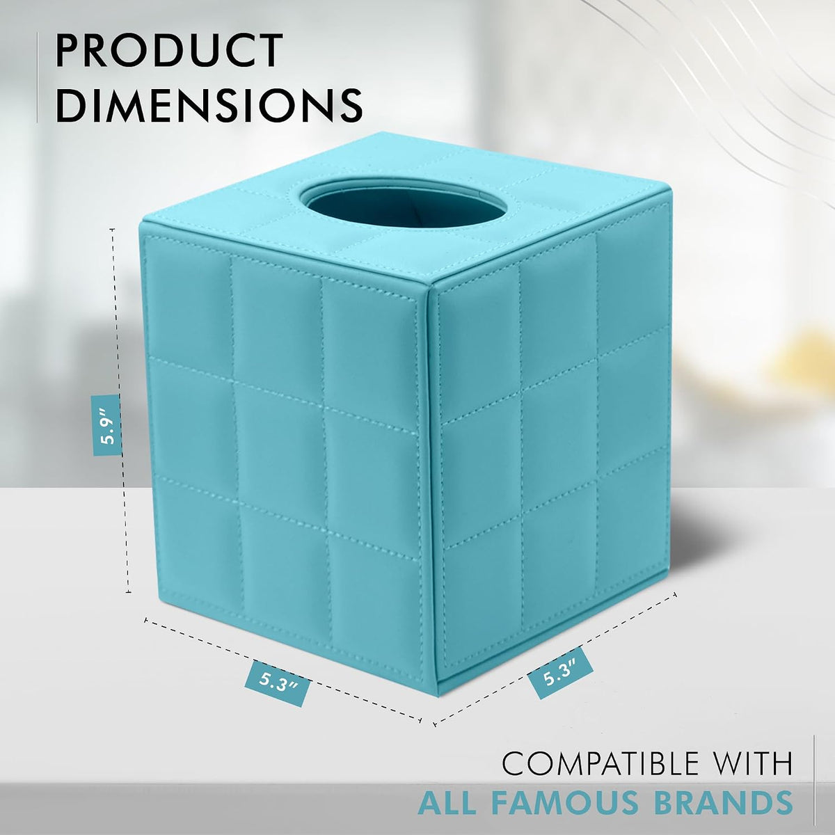 Luxury 5 Star Hotel Style Tissue Box Cover - Sturdy and Stylish Tissue Box Holder with a Custom Height and Modern PU Leather Exterior, 13.5x13.5x15cm - Teal Blue