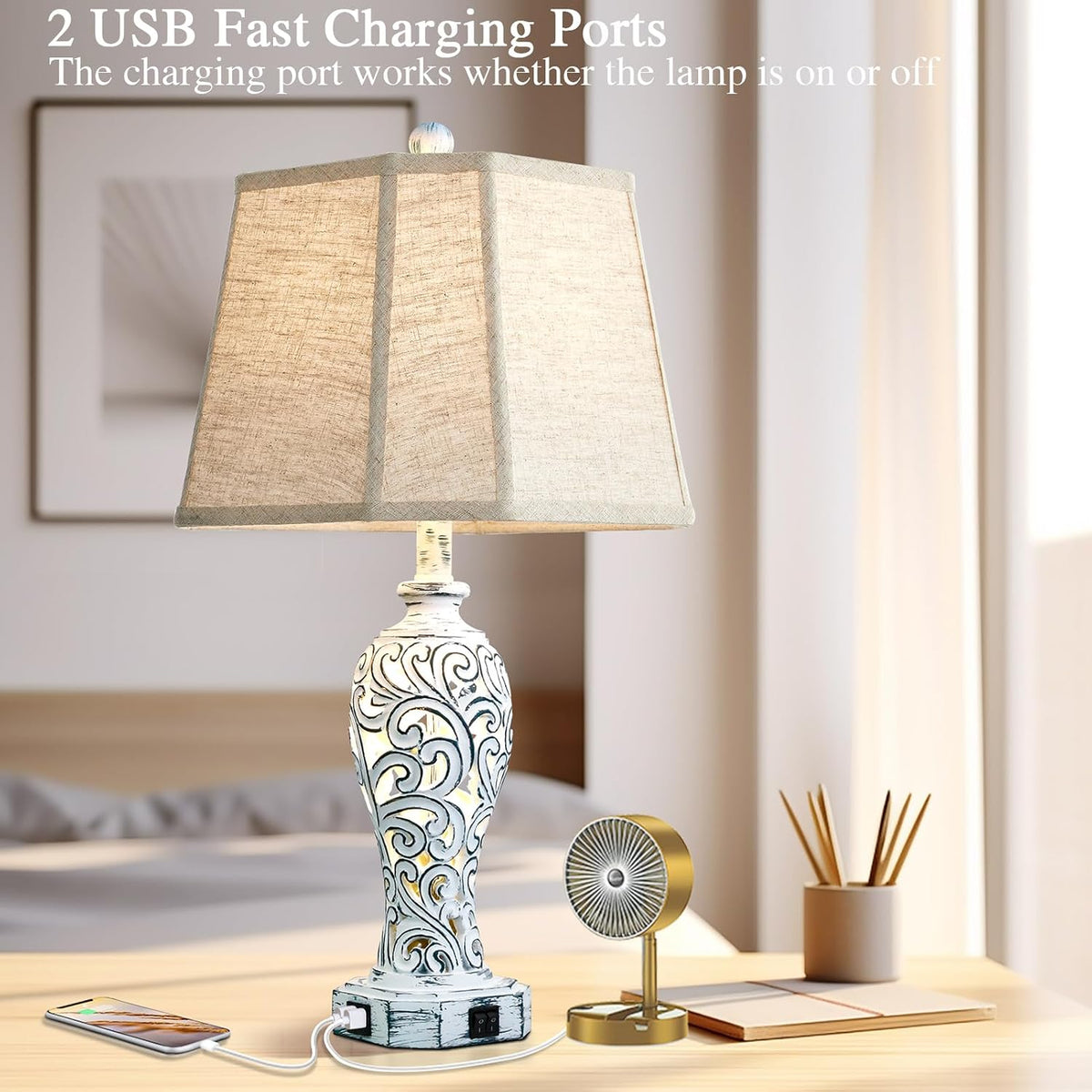 25'' Farmhouse Table Lamps Set of 2 for Living Room with USB C+A