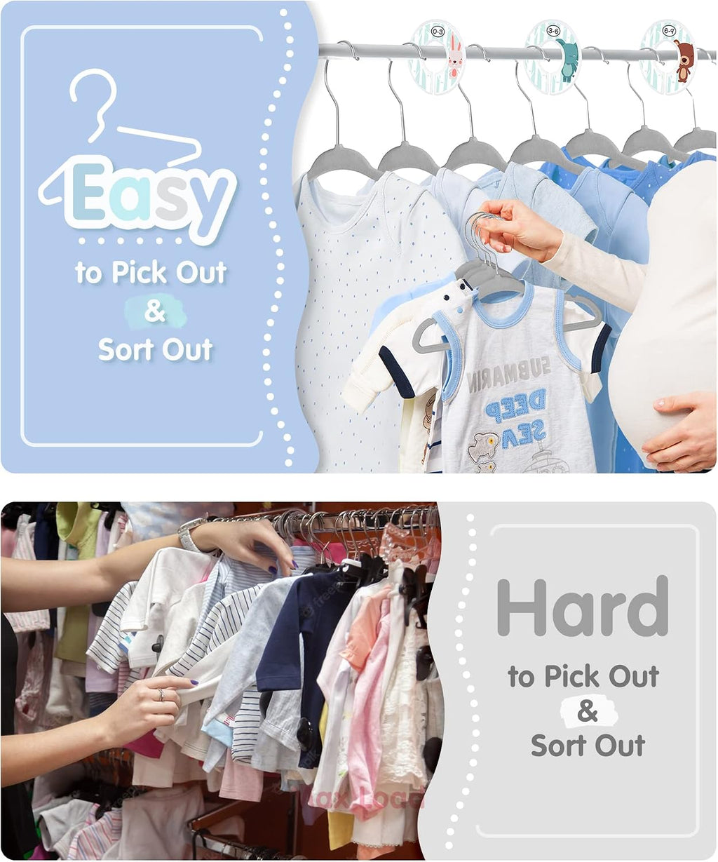 VIS'V Velvet Baby Hangers with 6 Pcs Size Dividers, 11 Inch, Gray, 30 Pcs