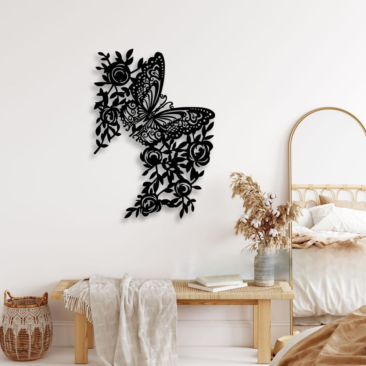 LIYOUYA Butterfly Flower Metal Wall Decor - Rustic Farmhouse Room Decor Black Wall Art Home Decor for Living Room, Bedroom, Dining Room, Courtyard, Farmhouse (Black)