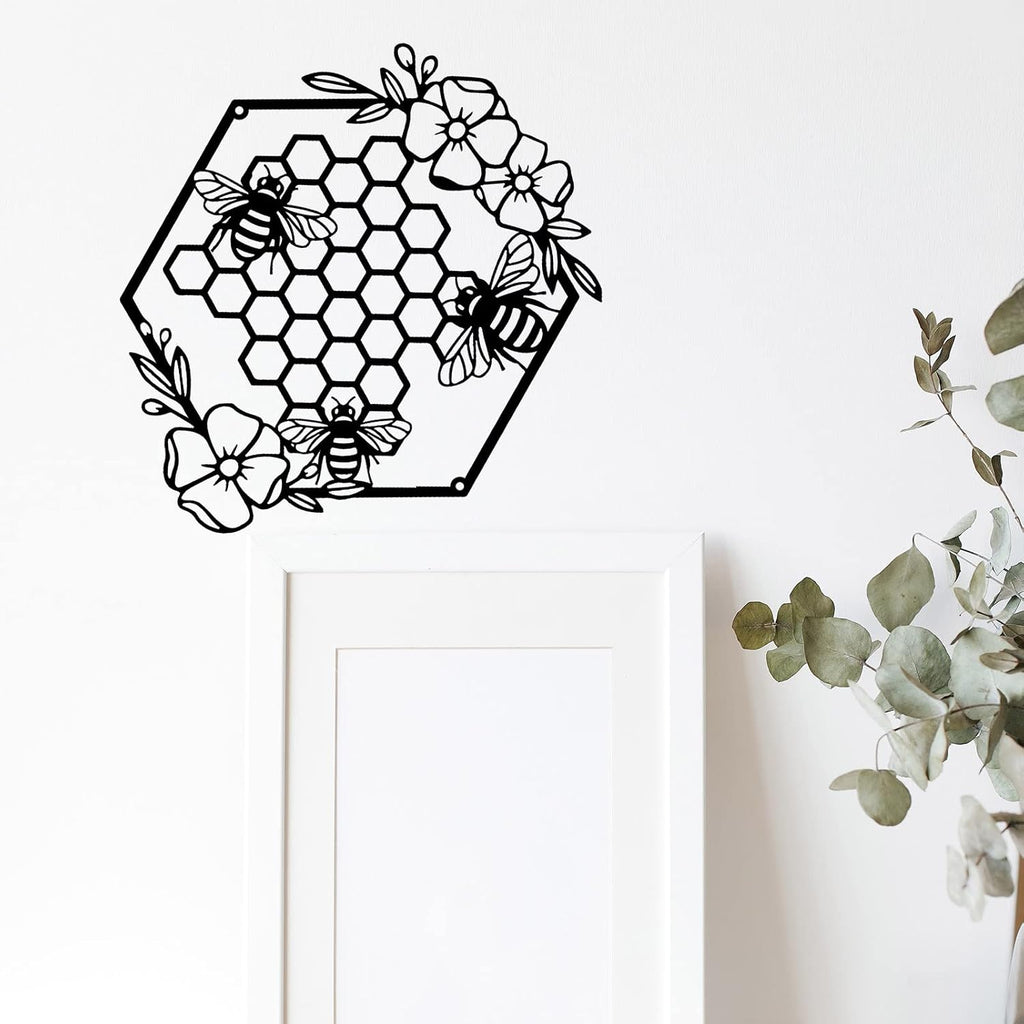 Yuzhuo Metal Bee Wall Art - Farmhouse Honey Bees and Hives with Flowers - Black