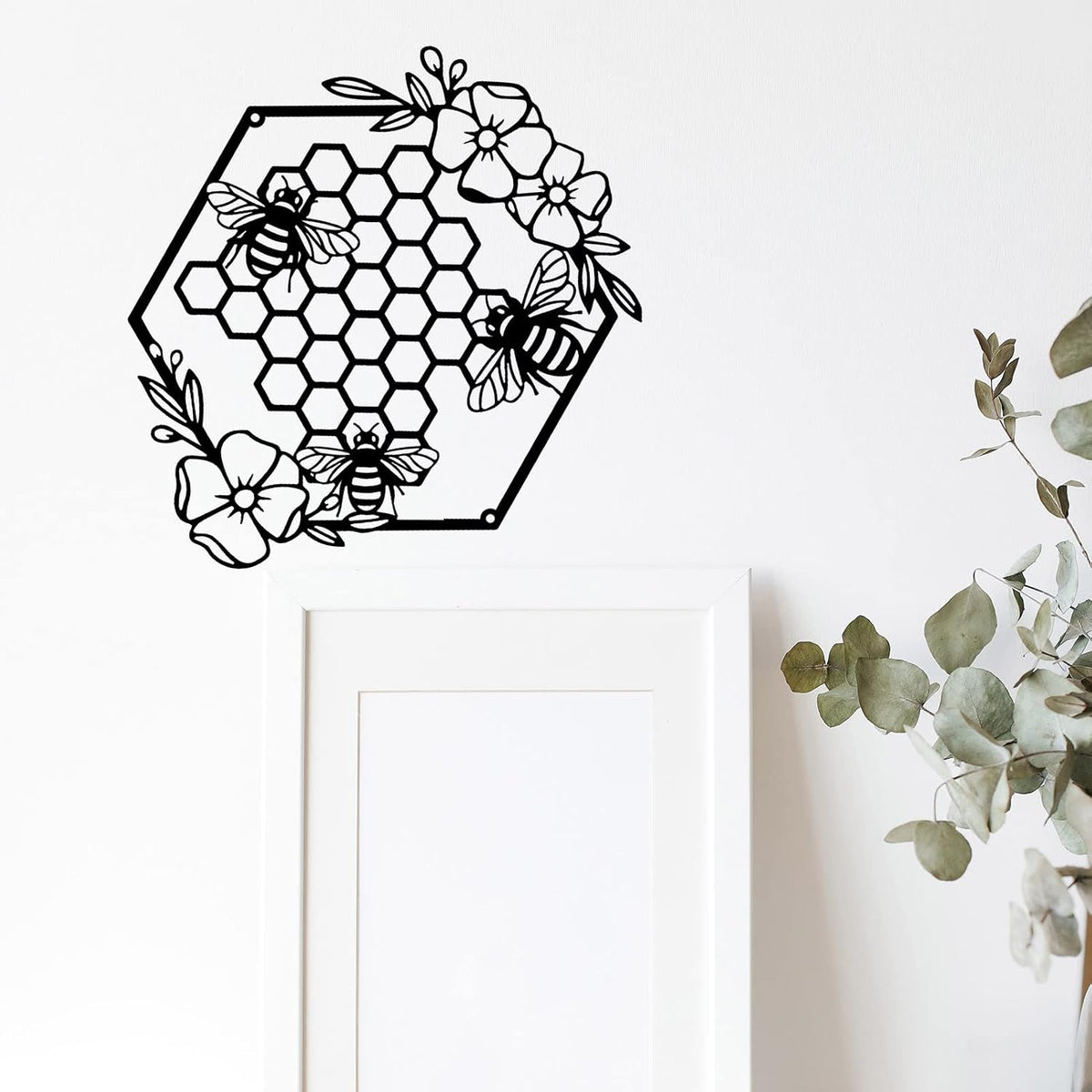 Yuzhuo Metal Bee Wall Art - Farmhouse Honey Bees and Hives with Flowers - Black