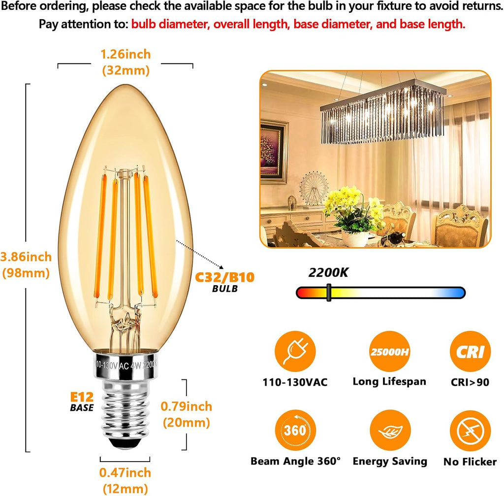 E12 LED Candelabra Bulbs 40 Watt Equivalent, 4W Vintage Candle Light Bulbs Dimmable, 350Lm Amber Warm White 2200K B10 Edison Bulb, Filament Clear Glass Lamp Bulb for Chandelier Ceiling Fan (10 Packs)