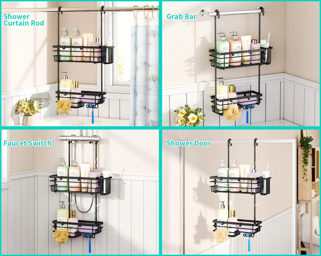 HapiRm Hanging Shower Caddy – For Renters & Small Bathrooms, Fits Shower Curtain Rods, No Drilling, 2 Rustproof 304 Shelves, 4 Hooks, and a Detachable Toothbrush Holder You Can Rinse - Black