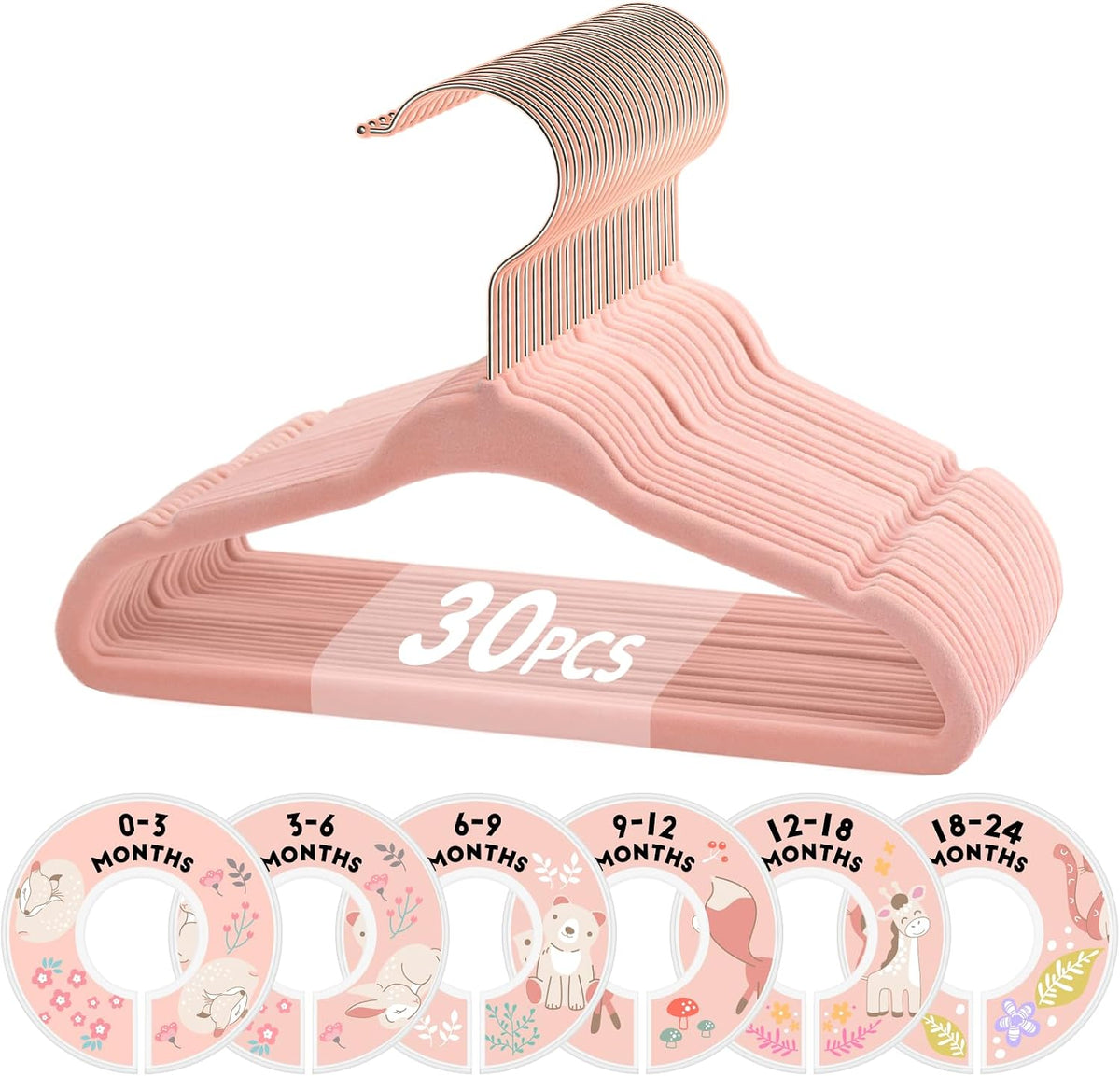 VIS'V Velvet Baby Hangers with 6 Pcs Size Dividers, 11 Inch, Pink, 30 Pcs