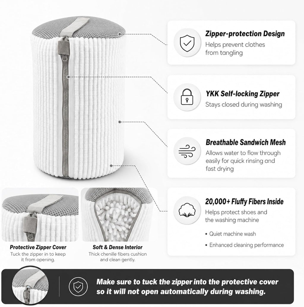 Sneaker Washing Machine Bag for Shoes, 360° Deep Cleaning Microfiber Laundry Bag with Secure Zipper, Reusable Shoe Washer Bag, Includes 4 Adjustable Shoe Trees & 2 Bags