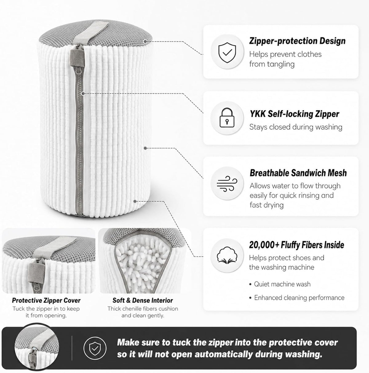 Sneaker Washing Machine Bag for Shoes, 360° Deep Cleaning Microfiber Laundry Bag with Secure Zipper, Reusable Shoe Washer Bag, Includes 4 Adjustable Shoe Trees & 2 Bags
