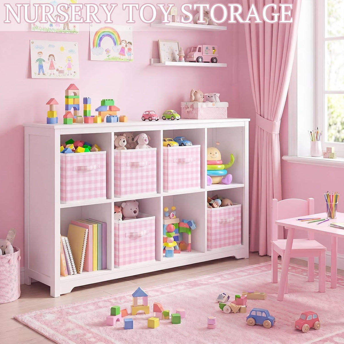 Yalikop 6 Pcs Pink Gingham Cube Storage Bins, 11 Inch Fabric Checkered Classroom Storage Bins Organizer with Handle Preppy Collapsible Cubby Basket for Classroom Home Nursery Playroom Bedroom