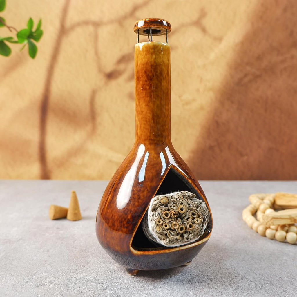 MOUGIGI Mini Chiminea Incense Burner Holder - Glossy Ceramic Smudge Bowl