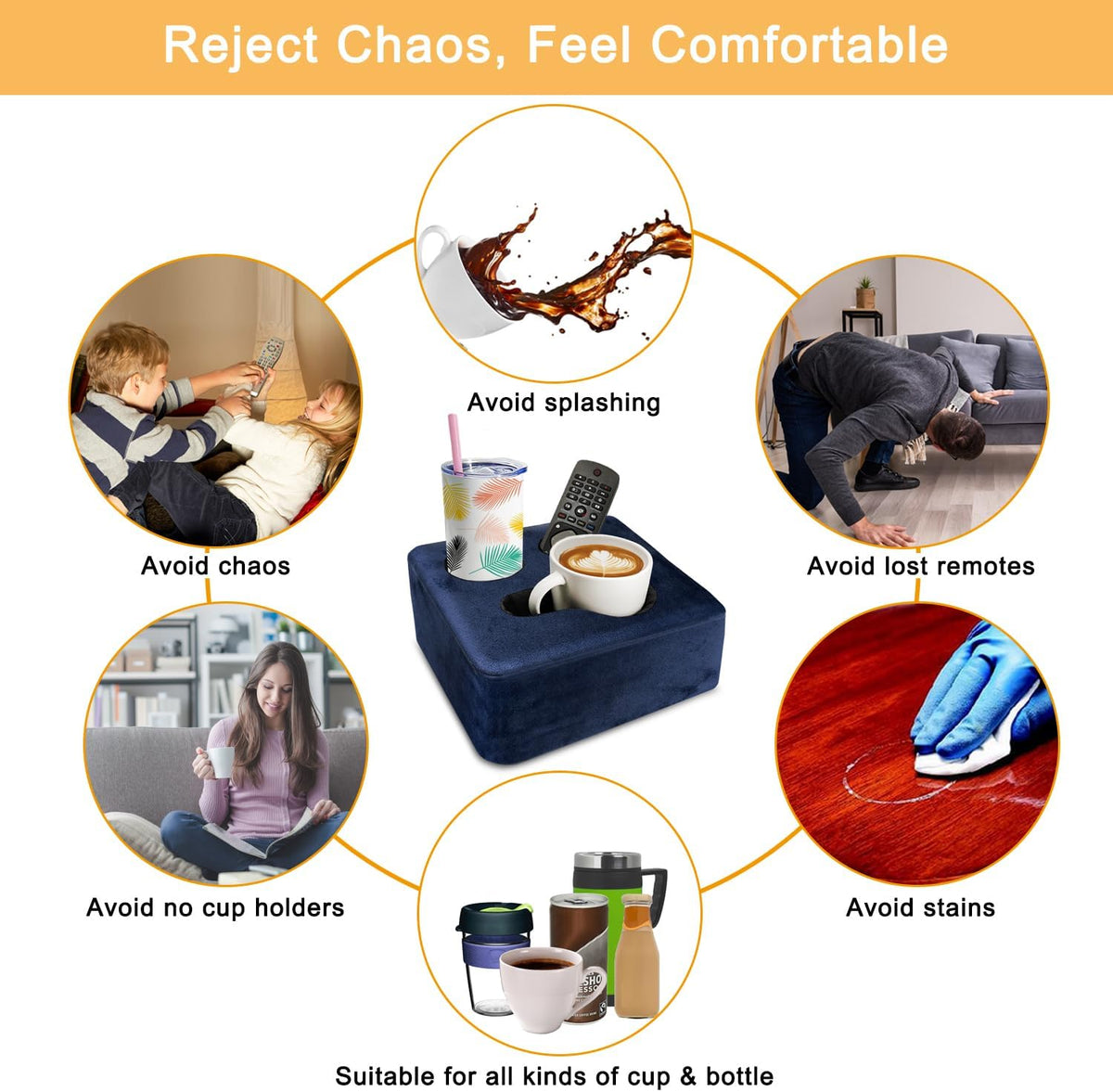 Couch Cup Holder Pillow Tray & Caddy - for Sofa, Bed, Car, Man Cave | Keep Drinks at Hand & Spill-Proof Accessories for New Parents, Camping, Park, Boat, Beach - Navy Blue