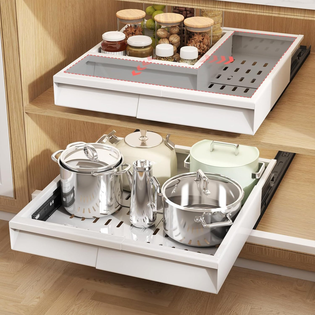 Seinloes Pull Out Cabinet Organizer, 4-Side Expandable to Fit Most Cabinets, 3 Rail Slide Out Drawers with Raising Pad for Framed & Frameless Cabinets, 11"-16" W x 13"-17" D, White, 2 Pack