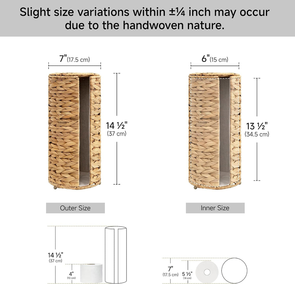 StorageWorks Water Hyacinth Free Standing Toilet Paper Holder Stand for Bathroom, 3 Rolls of Toilet Tissue Storage with a Built-in Cloth Lining, Toilet Roll Holder Stand with Lid (Pack of 2)