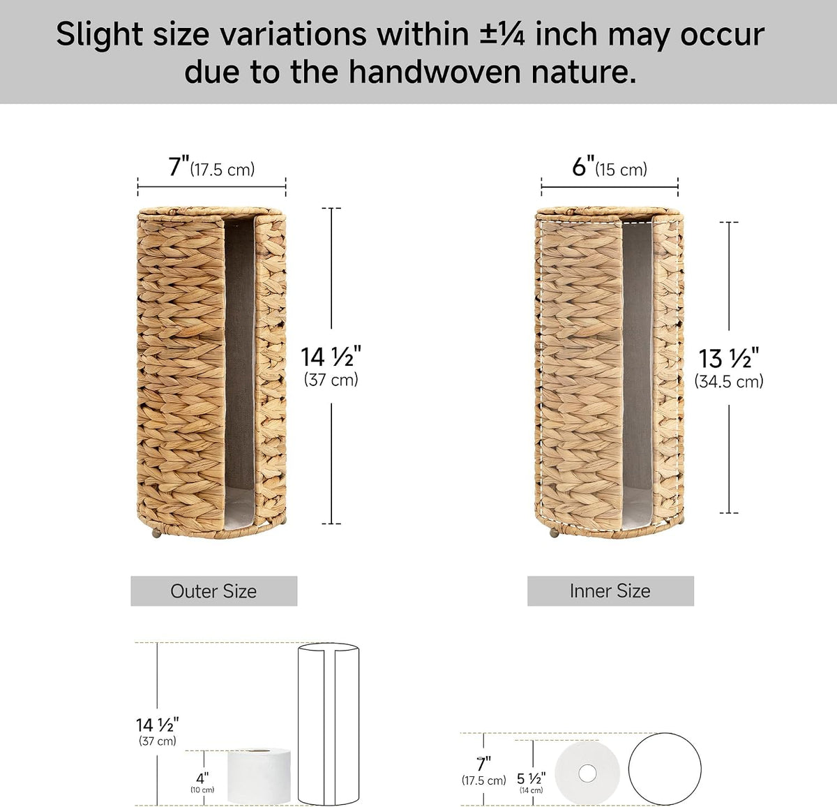 StorageWorks Water Hyacinth Free Standing Toilet Paper Holder Stand for Bathroom, 3 Rolls of Toilet Tissue Storage with a Built-in Cloth Lining, Toilet Roll Holder Stand with Lid (Pack of 2)